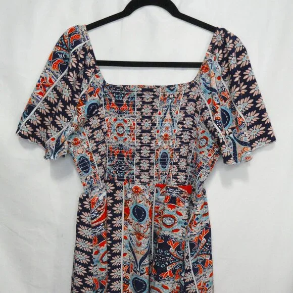 Shein Curve Boho Chic Dress Exotic Blue Orange Shirred bodice Women's Size 1X - Picture 1 of 9